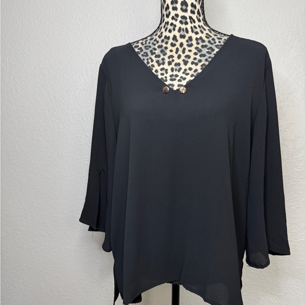 NY Collection Black V-Neck Blouse with Button Detail NWT